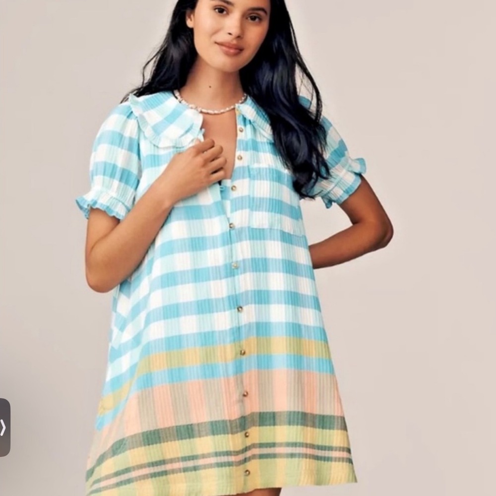Anthropologie Pilcro Keira Mini Dress Blue Small Petite SP Plaid Stripe Boho